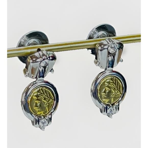 VTG Danecraft Gold and Silver Tone ROMAN COIN Clear Crystal Dangle Drop Earrings - Picture 9 of 12